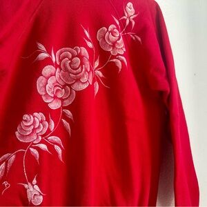 Vintage Red Sweatshirt with Hand Painted Rose Accents with Glitter